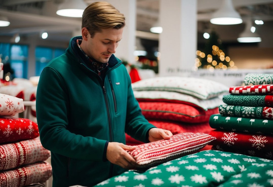 En person der kigger i en svensk butik og vælger sengetøj med juletema og røde og grønne mønstre